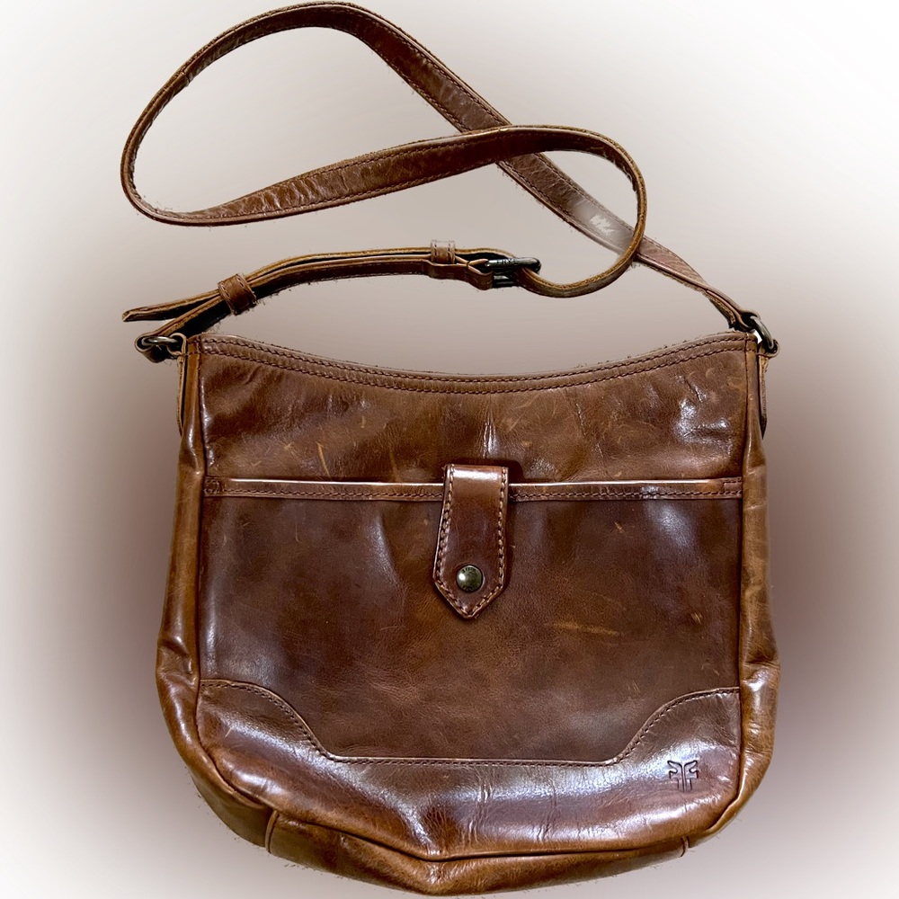 Frye brown leather shoulder bag purse crossbody zippered pockets medium size